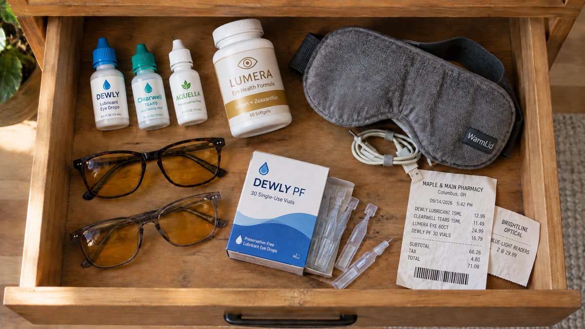 An open kitchen drawer full of eye drops, blue-light glasses, eye vitamins and a heated eye mask
