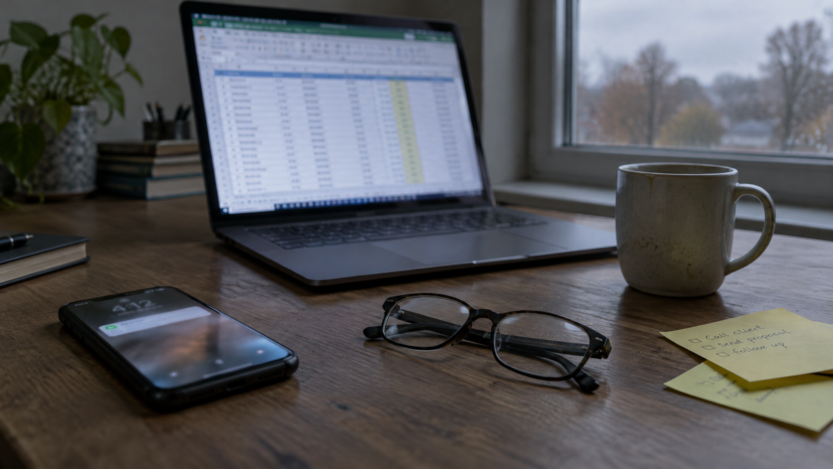 A home office desk late in the afternoon with a laptop, phone and folded reading glasses