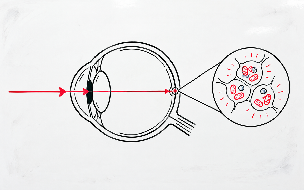 Whiteboard sketch of 670nm red light reaching the retina and its mitochondria